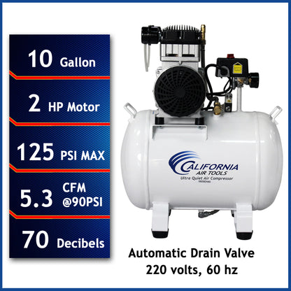 California Air Tools 10020CHAD-22060 Ultra Quiet 2.0 HP Oil-Free 10-Gallon Air Compressor with Automatic Drain Valve – 220V