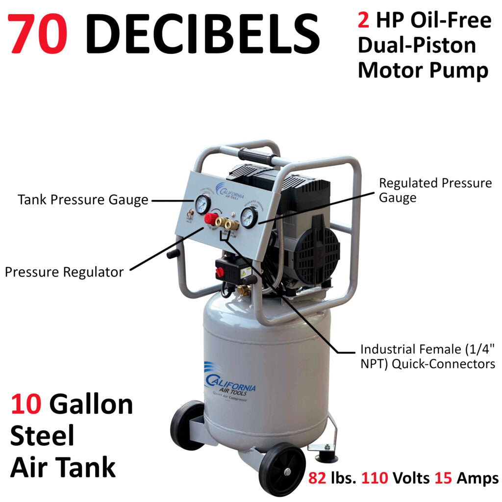 California Air Tools 10020C Ultra Quiet 2.0 HP Oil-Free 10-Gallon Air Compressor