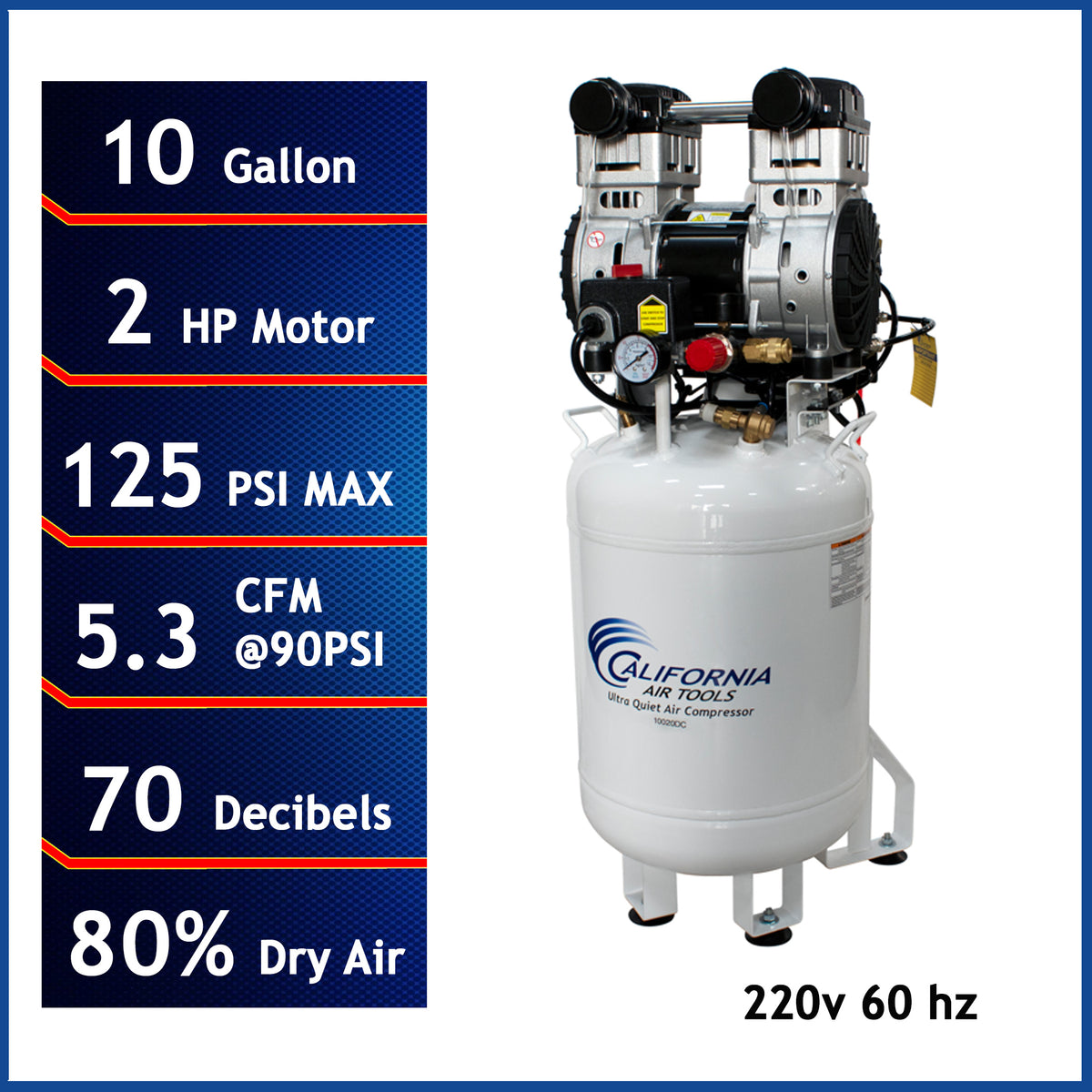 California Air Tools 10020DC-22060 Ultra Quiet 2.0 HP Oil-Free 10-Gallon Air Compressor with 80% Air Dryer – 220V 60Hz
