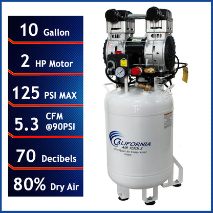 California Air Tools 10020DC 2.0 HP Ultra Quiet Oil-Free 10 Gallon Air Compressor with 80% Air Dryer, 110V