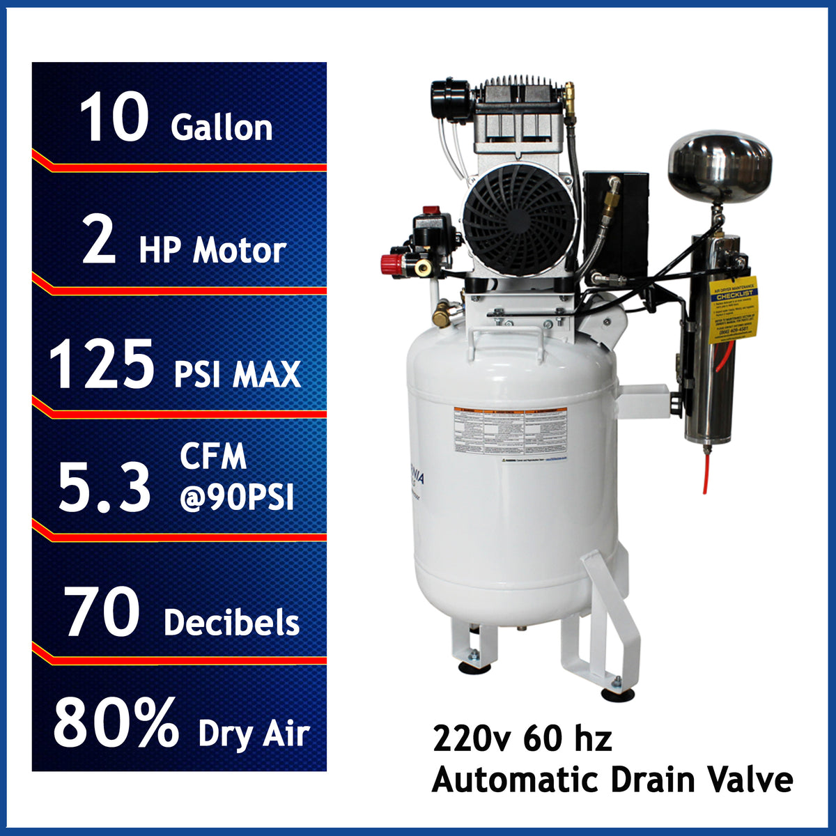 California Air Tools 10020DCAD-22060 Ultra Quiet 2.0 HP Oil-Free 10-Gallon Air Compressor with 80% Air Dryer and Automatic Drain – 220V 60Hz