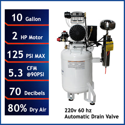California Air Tools 10020DCAD-22060 Ultra Quiet 2.0 HP Oil-Free 10-Gallon Air Compressor with 80% Air Dryer and Automatic Drain – 220V 60Hz