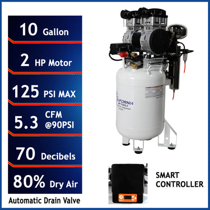 California Air Tools 10020DSMAD 2.0 HP SMART Ultra Quiet Oil-Free 10 Gallon Air Compressor with 80% Air Dryer & Automatic Drain, 110V