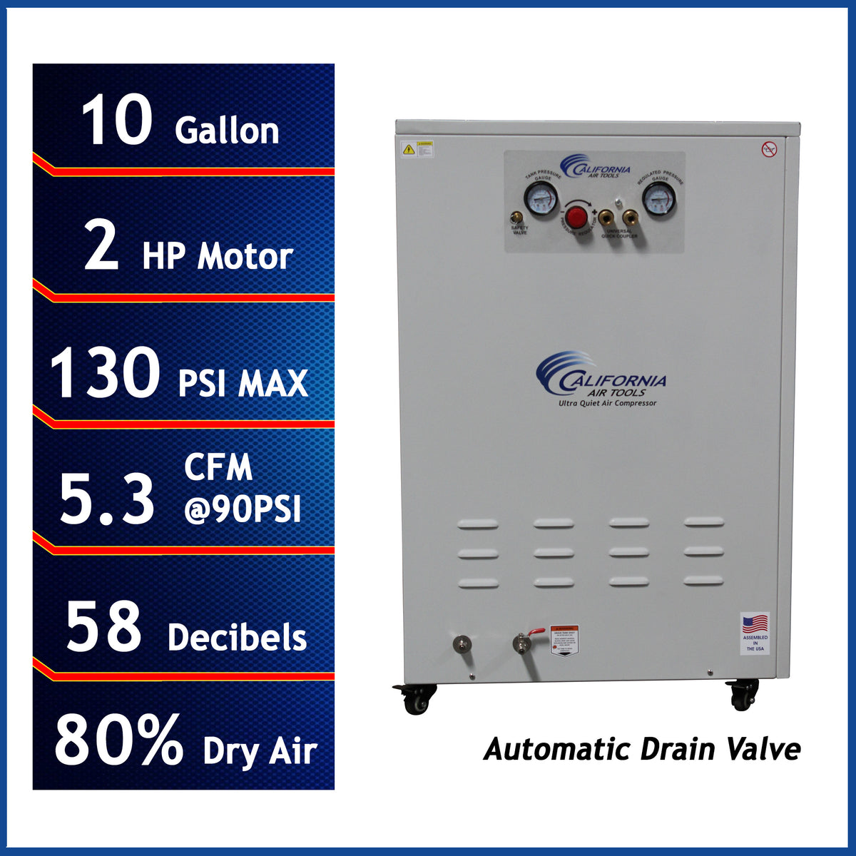 California Air Tools 10020DSPCAD Ultra Quiet 2.0 HP Oil-Free 10-Gallon Air Compressor with 80% Air Dryer, Automatic Drain & Soundproof Cabinet
