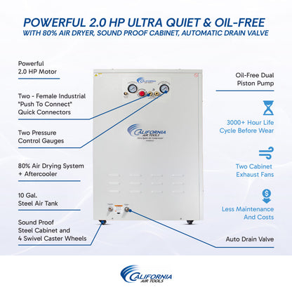 California Air Tools 10020DSPCAD Ultra Quiet 2.0 HP Oil-Free 10-Gallon Air Compressor with 80% Air Dryer, Automatic Drain & Soundproof Cabinet