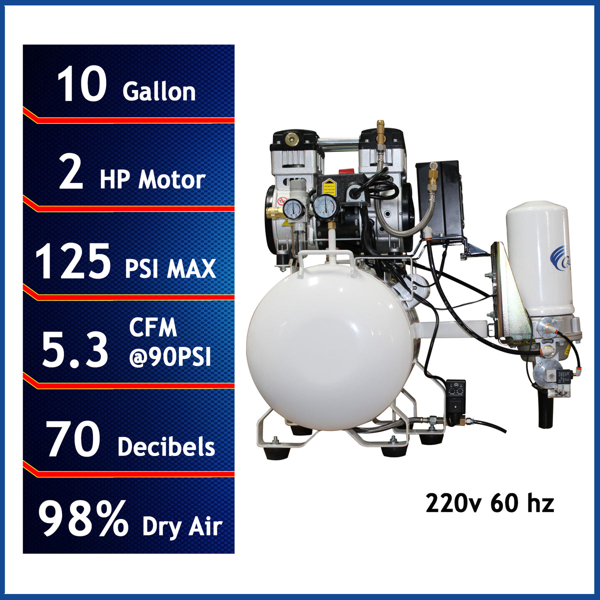 California Air Tools 10020HDCADC-22060 Ultra Quiet 2.0 HP Oil-Free 10-Gallon Air Compressor with 98% Air Drying System and Automatic Drain – 220V 60Hz