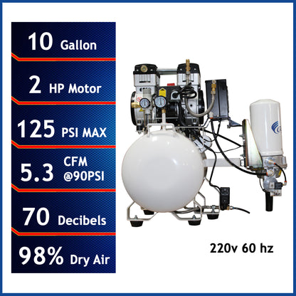 California Air Tools 10020HDCADC-22060 Ultra Quiet 2.0 HP Oil-Free 10-Gallon Air Compressor with 98% Air Drying System and Automatic Drain – 220V 60Hz