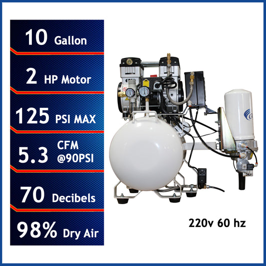 California Air Tools 10020HDCADC-22060 Ultra Quiet 2.0 HP Oil-Free 10-Gallon Air Compressor with 98% Air Drying System and Automatic Drain – 220V 60Hz