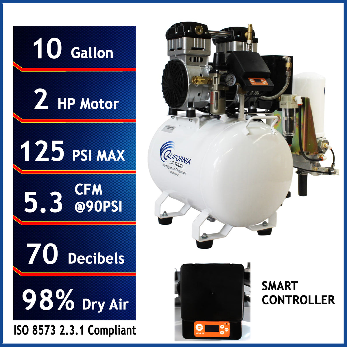 California Air Tools 10020HDSMADC 2.0 HP SMART Ultra Quiet Oil-Free 10 Gallon Horizontal Air Compressor with 98% Air Dryer & Automatic Drain
