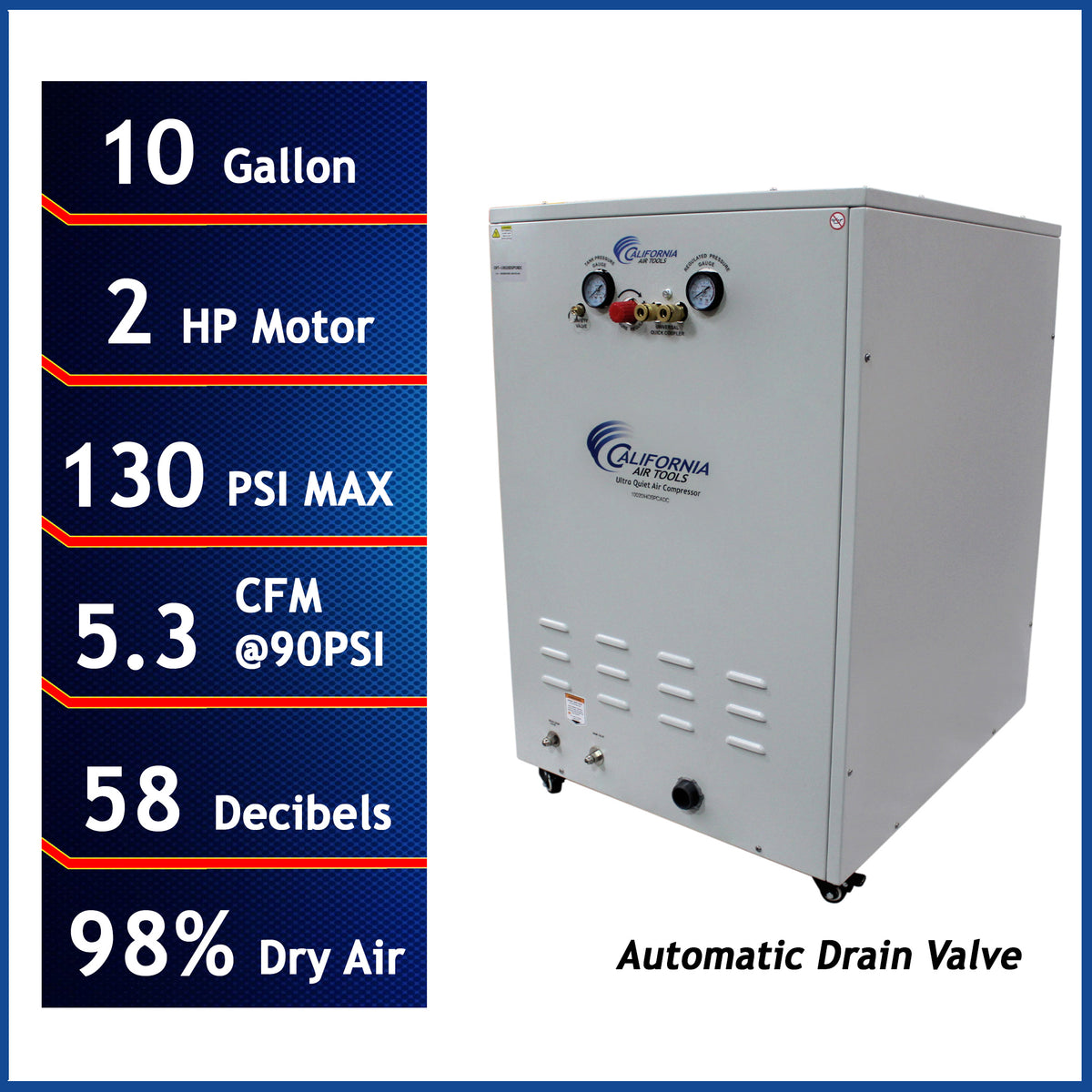 California Air Tools 10020HDSPCADC 2.0 HP Ultra Quiet Oil-Free 10 Gallon Horizontal Air Compressor with 98% Air Dryer & Automatic Drain, Soundproof Cabinet