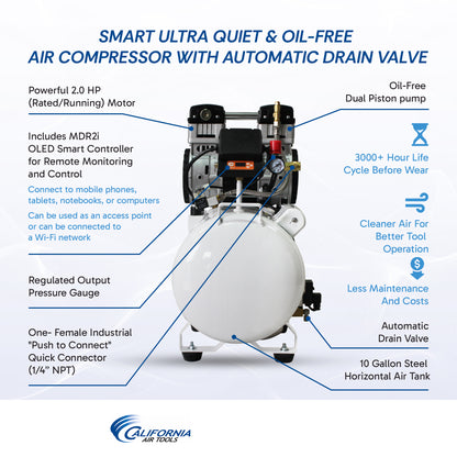 California Air Tools 10020SMHAD 2.0 HP SMART Ultra Quiet & Oil-Free 10 Gallon Air Compressor with Automatic Drain Valve