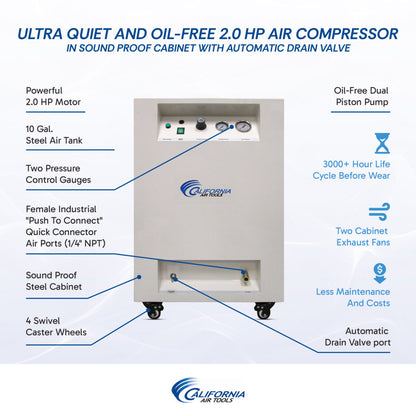 California Air Tools 10020SPCAD Ultra Quiet 2.0 HP Oil-Free 10 Gallon Air Compressor with Automatic Drain Valve in Sound Proof Cabinet