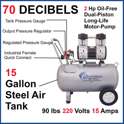 California Air Tools 15020C-22060 Ultra Quiet 2.0 HP Oil-Free 15 Gallon Air Compressor – 220V