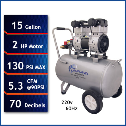 California Air Tools 15020C-22060 Ultra Quiet 2.0 HP Oil-Free 15 Gallon Air Compressor – 220V