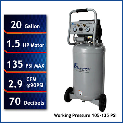 California Air Tools 20015 Ultra Quiet 1.5 HP Oil-Free 20-Gallon Portable Air Compressor