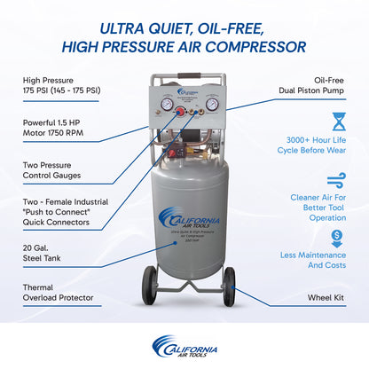 California Air Tools 20015HPAD Ultra Quiet 1.5 HP Oil-Free High-Pressure 20-Gallon Air Compressor with Automatic Drain