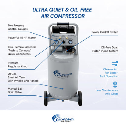 California Air Tools 20015 Ultra Quiet 1.5 HP Oil-Free 20-Gallon Portable Air Compressor