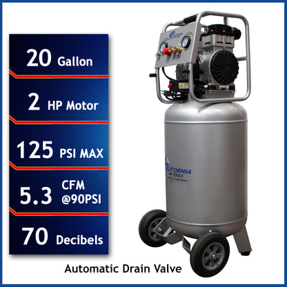 California Air Tools 20020AD Ultra Quiet 2.0 HP Oil-Free Portable 20 Gallon Air Compressor with Automatic Drain Valve
