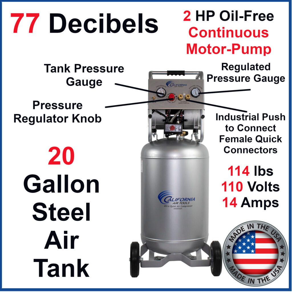 California Air Tools 20020CR Ultra Quiet & Oil-Free Continuous Run 2.0 HP 20 Gallon Air Compressor – 100% Duty Cycle