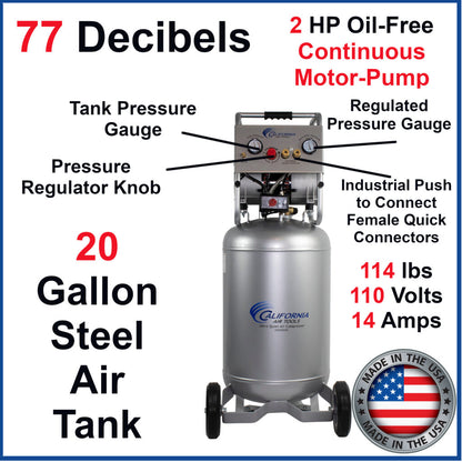 California Air Tools 20020CR Ultra Quiet & Oil-Free Continuous Run 2.0 HP 20 Gallon Air Compressor – 100% Duty Cycle