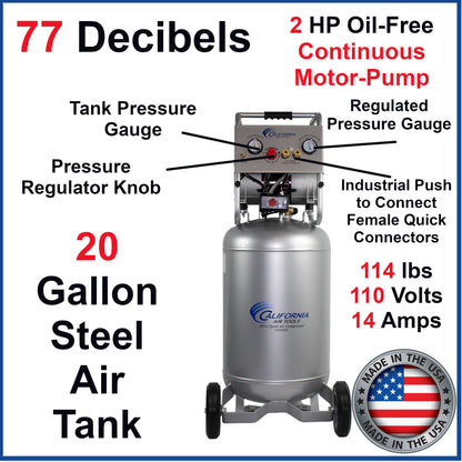 California Air Tools 20020CR 2.0 HP Ultra Quiet Oil-Free Continuous Run 20 Gallon Air Compressor