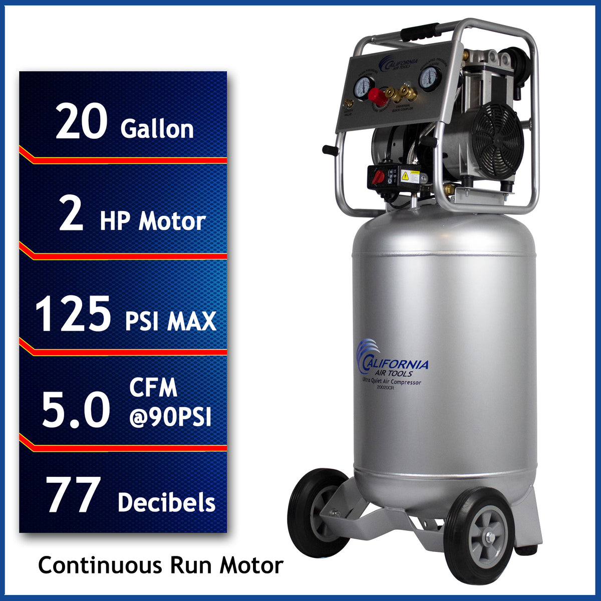 California Air Tools 20020CR Ultra Quiet & Oil-Free Continuous Run 2.0 HP 20 Gallon Air Compressor – 100% Duty Cycle