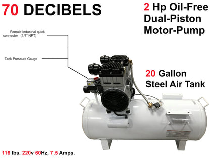 California Air Tools 20020CTR-22060 Ultra Quiet 70 dB 2.0 HP Oil-Free 20 Gallon Horizontal Air Compressor – 220V 60Hz