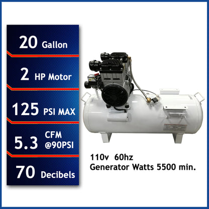 California Air Tools 20020CTR Ultra Quiet 70 dB 2.0 HP Oil-Free 20 Gallon Horizontal Air Compressor – 110V 60Hz
