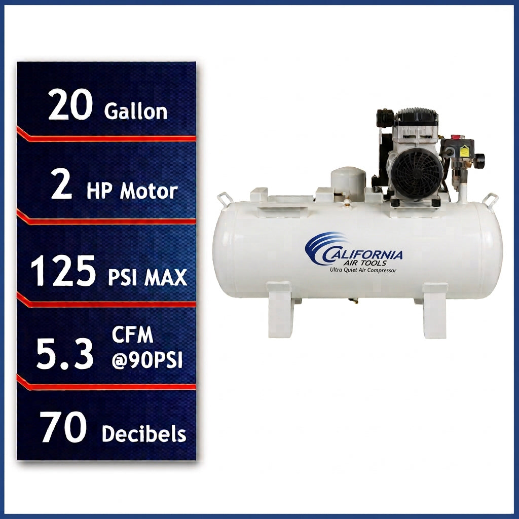 California Air Tools 20020DCADC 2.0 HP Ultra Quiet Oil-Free 20 Gallon Horizontal Air Compressor with 98% Air Dryer & Automatic Drain, 110V