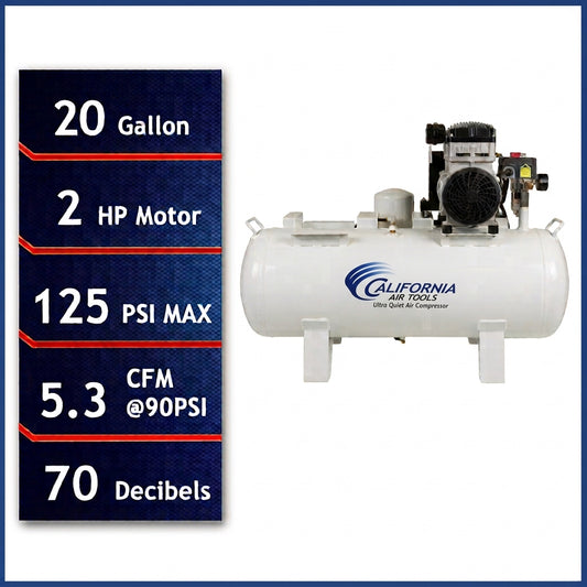 California Air Tools 20020DCADC 2.0 HP Ultra Quiet Oil-Free 20 Gallon Horizontal Air Compressor with 98% Air Dryer & Automatic Drain, 110V