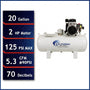California Air Tools 20020DCADC 2.0 HP Ultra Quiet Oil-Free 20 Gallon Horizontal Air Compressor with 98% Air Dryer & Automatic Drain, 110V