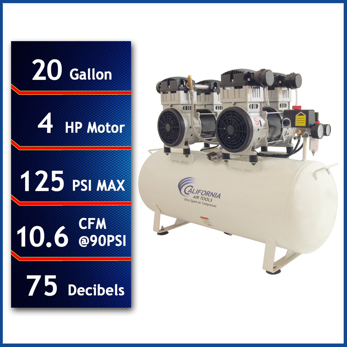 California Air Tools 20040C Powerful 4.0 HP Ultra Quiet & Oil-Free 20 Gallon Horizontal Air Compressor – 220V