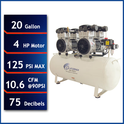 California Air Tools 20040C Powerful 4.0 HP Ultra Quiet & Oil-Free 20 Gallon Horizontal Air Compressor – 220V
