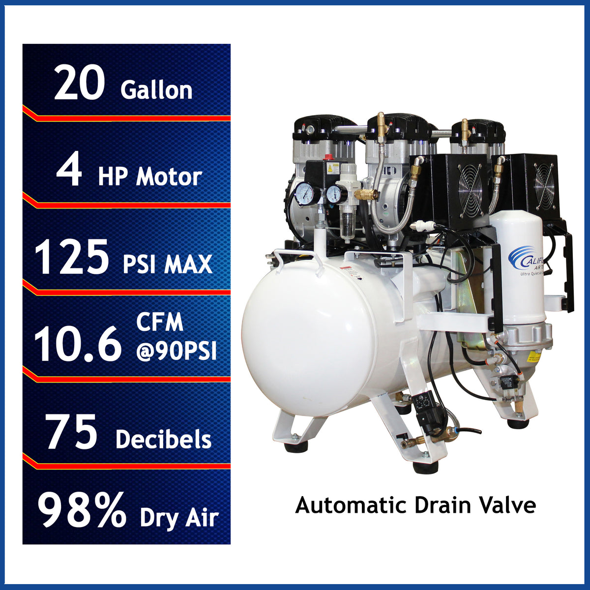 California Air Tools 20040DCADC Powerful 4.0 HP Ultra Quiet & Ultra Dry Oil-Free 20 Gallon Air Compressor with 98% Air Drying System & Automatic Drain Valve – 220V