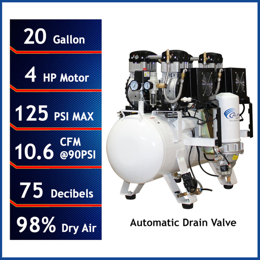 California Air Tools 20040DCADC Powerful 4.0 HP Ultra Quiet & Ultra Dry Oil-Free 20 Gallon Air Compressor with 98% Air Drying System & Automatic Drain Valve – 220V