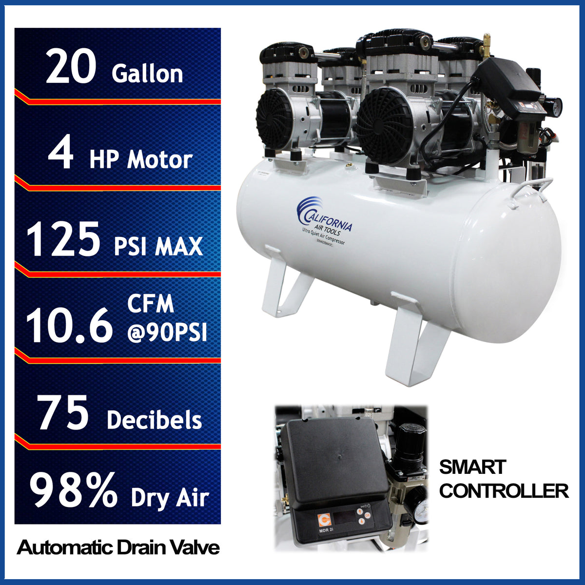 California Air Tools 20040DSMADC Powerful 4.0 HP SMART Ultra Quiet & Oil-Free 20 Gallon Air Compressor with 98% Air Dryer & Automatic Drain Valve – 220V