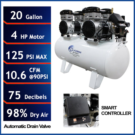 California Air Tools 20040DSMADC Powerful 4.0 HP SMART Ultra Quiet & Oil-Free 20 Gallon Air Compressor with 98% Air Dryer & Automatic Drain Valve – 220V