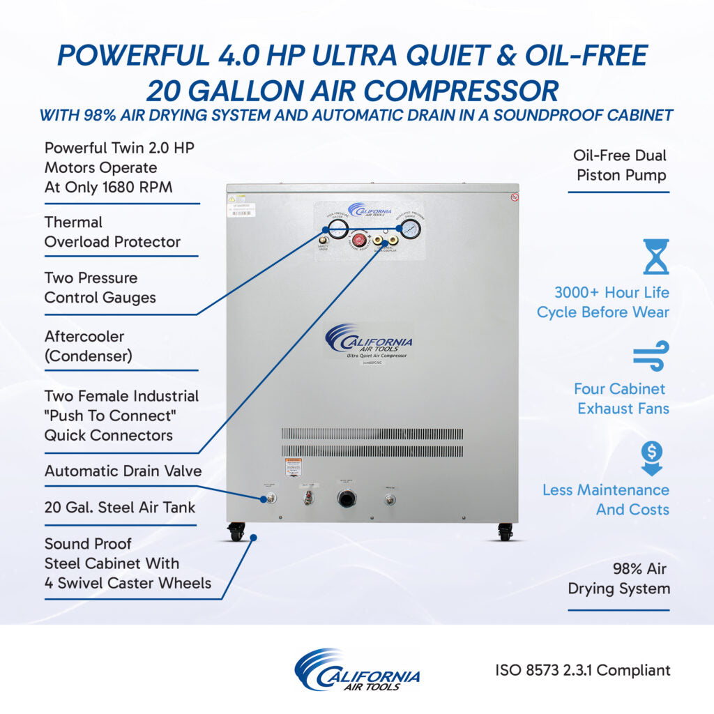 California Air Tools 20040DSPCADC 4.0 HP Ultra Quiet Oil-Free 20 Gallon Air Compressor with 98% Air Dryer, Automatic Drain & Soundproof Cabinet