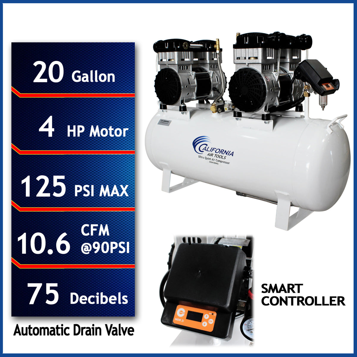 California Air Tools 20040SMAD Powerful 4.0 HP SMART Ultra Quiet & Oil-Free 20 Gallon Air Compressor with Automatic Drain Valve – 220V