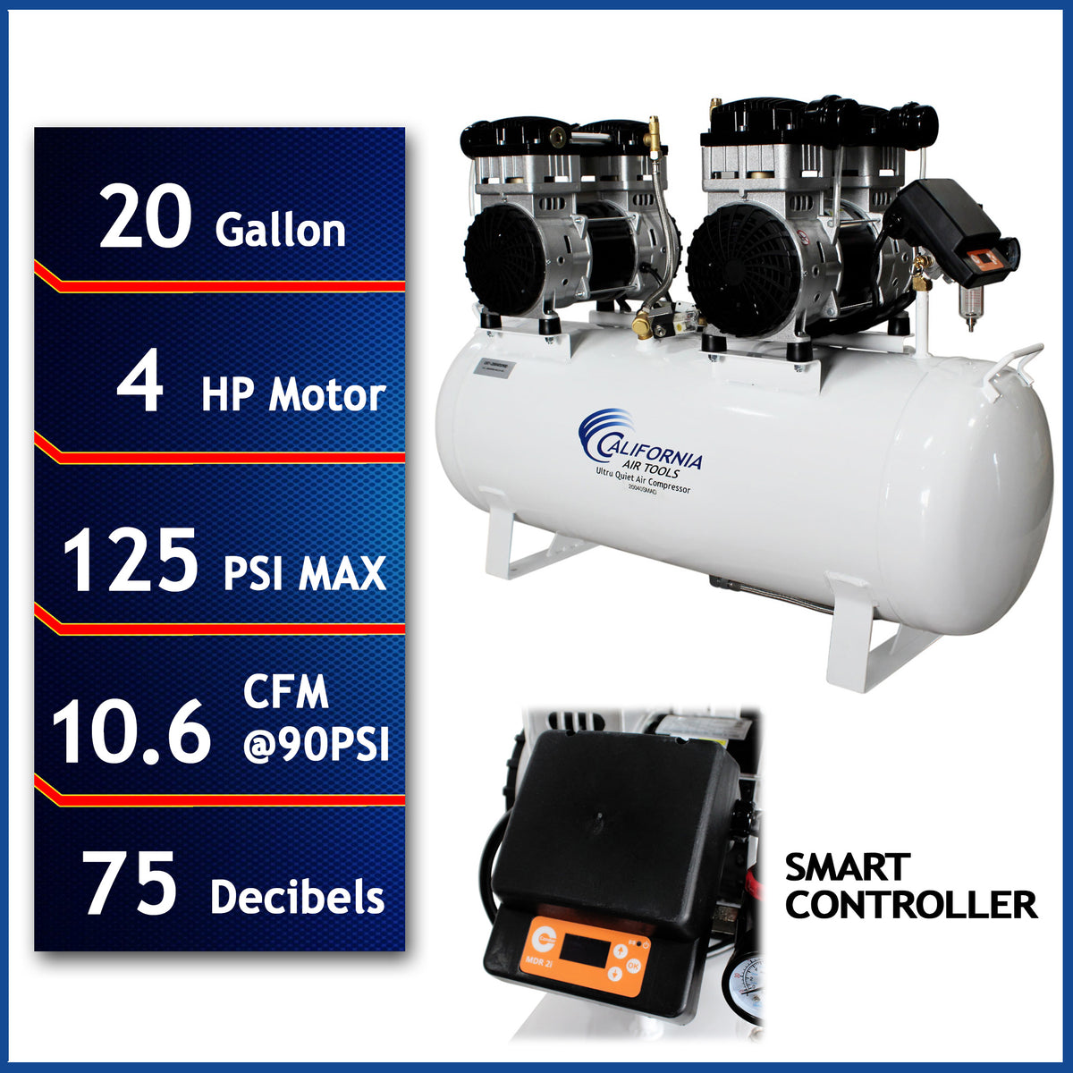 California Air Tools 20040SM Powerful 4.0 HP SMART Ultra Quiet & Oil-Free 20 Gallon Air Compressor – 220V