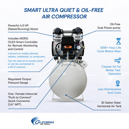 California Air Tools 20040SM Powerful 4.0 HP SMART Ultra Quiet & Oil-Free 20 Gallon Air Compressor – 220V