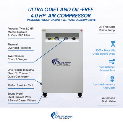 California Air Tools 20040SPCAD 4.0 HP Ultra Quiet Oil-Free 20 Gallon Air Compressor with Automatic Drain & Soundproof Cabinet, 220V