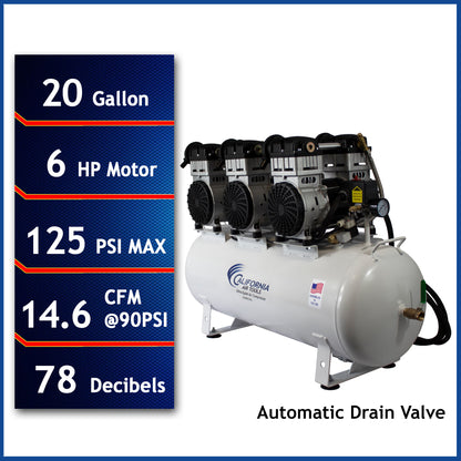 California Air Tools 20060CAD Ultra Quiet & Oil-Free 6.0 HP 20 Gallon Air Compressor with Automatic Drain Valve – 220V