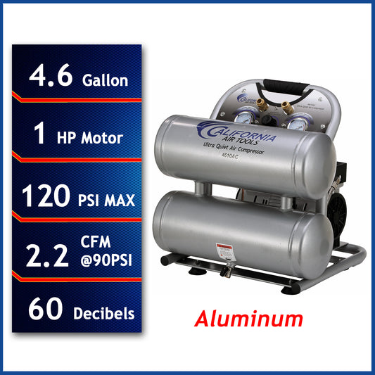 California Air Tools 4610AC Ultra Quiet 1.0 HP Oil-Free Lightweight Aluminum 4.6-Gallon Air Compressor
