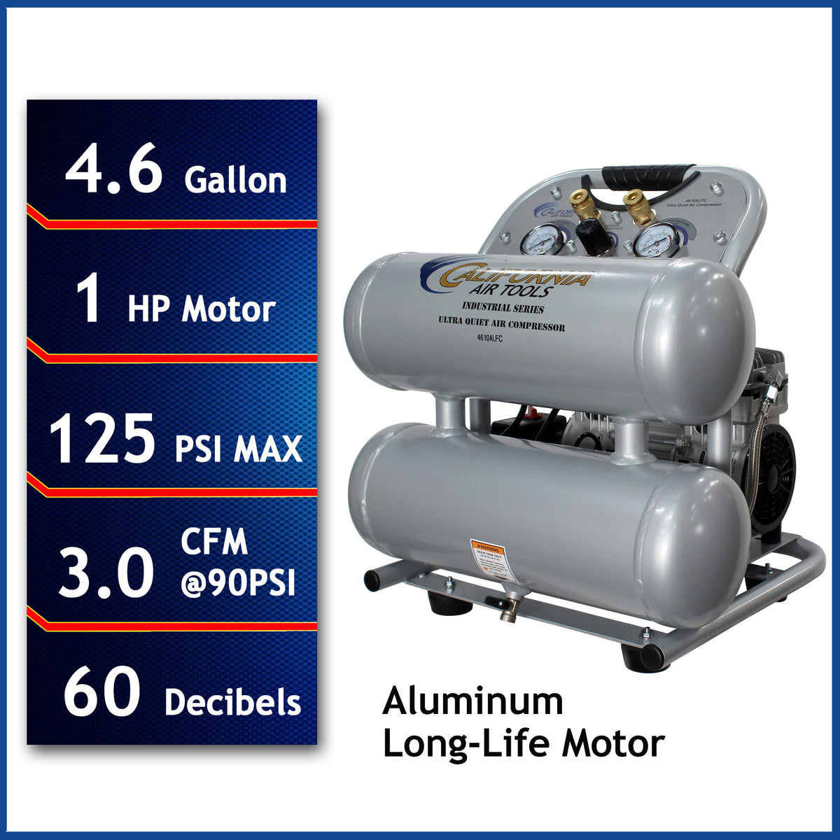 California Air Tools 4610ALFC Ultra Quiet 1.0 HP Oil-Free Lightweight 4.6-Gallon Air Compressor – Industrial Series
