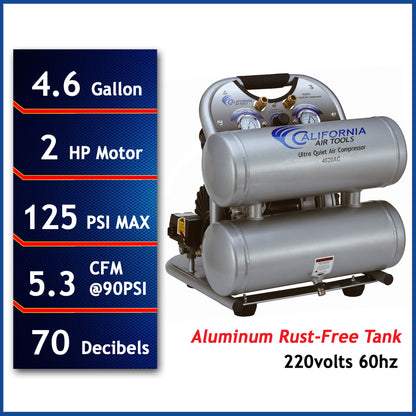 California Air Tools 4620AC-22060 Powerful 2.0 HP Ultra Quiet & Oil-Free 4.6 Gallon Air Compressor – 220V