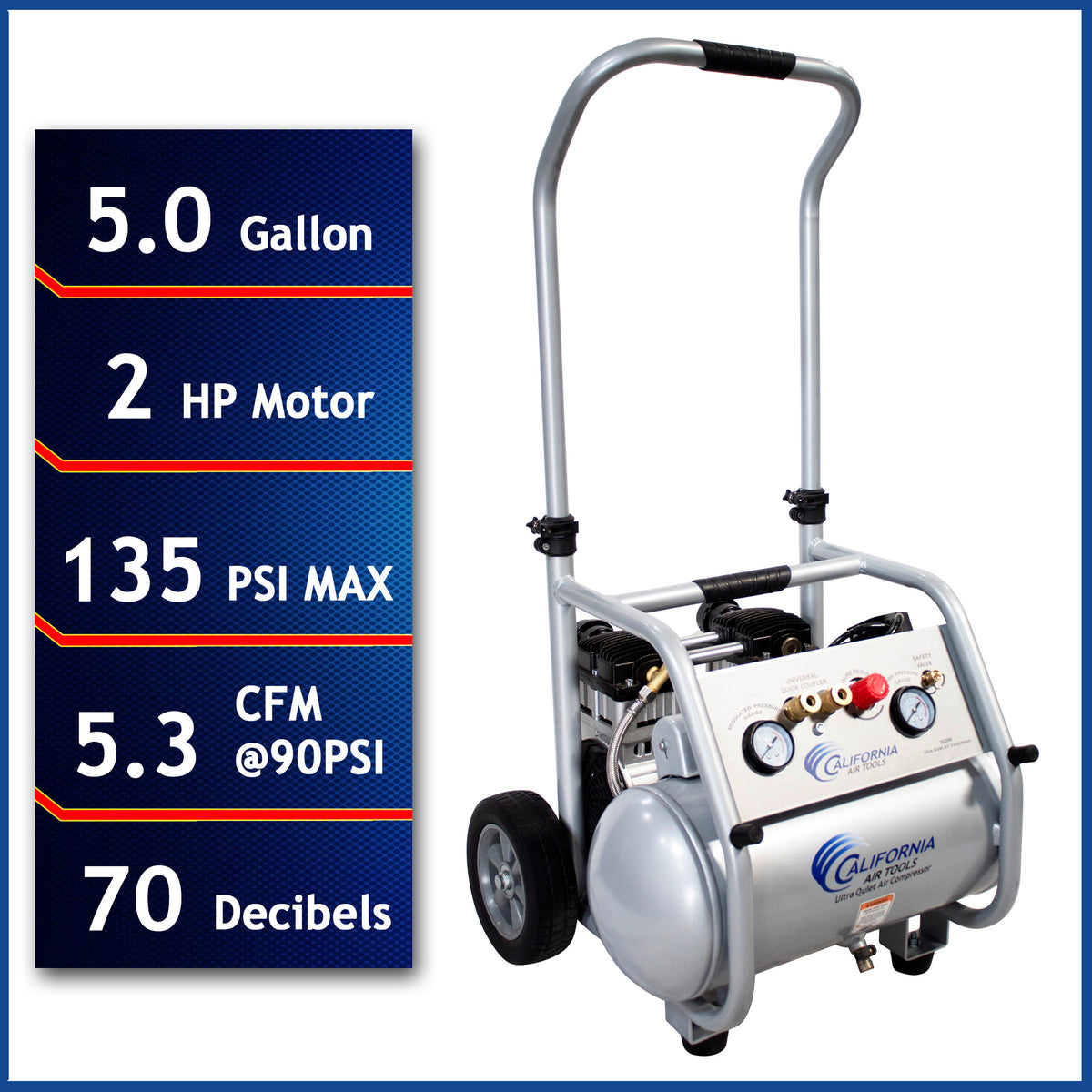California Air Tools 5020W Powerful 2.0 HP Ultra Quiet & Oil-Free Rugged 5 Gallon Air Compressor – 110V