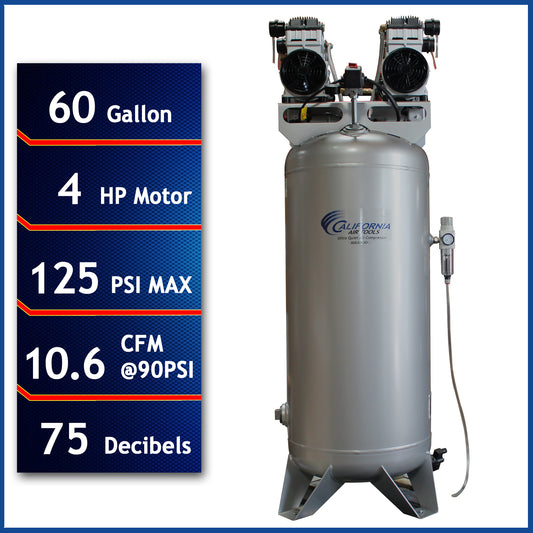 California Air Tools 60040CAD Ultra Quiet & Oil-Free 4.0 HP 60 Gallon ASME Air Compressor with Automatic Drain Valve – 220V