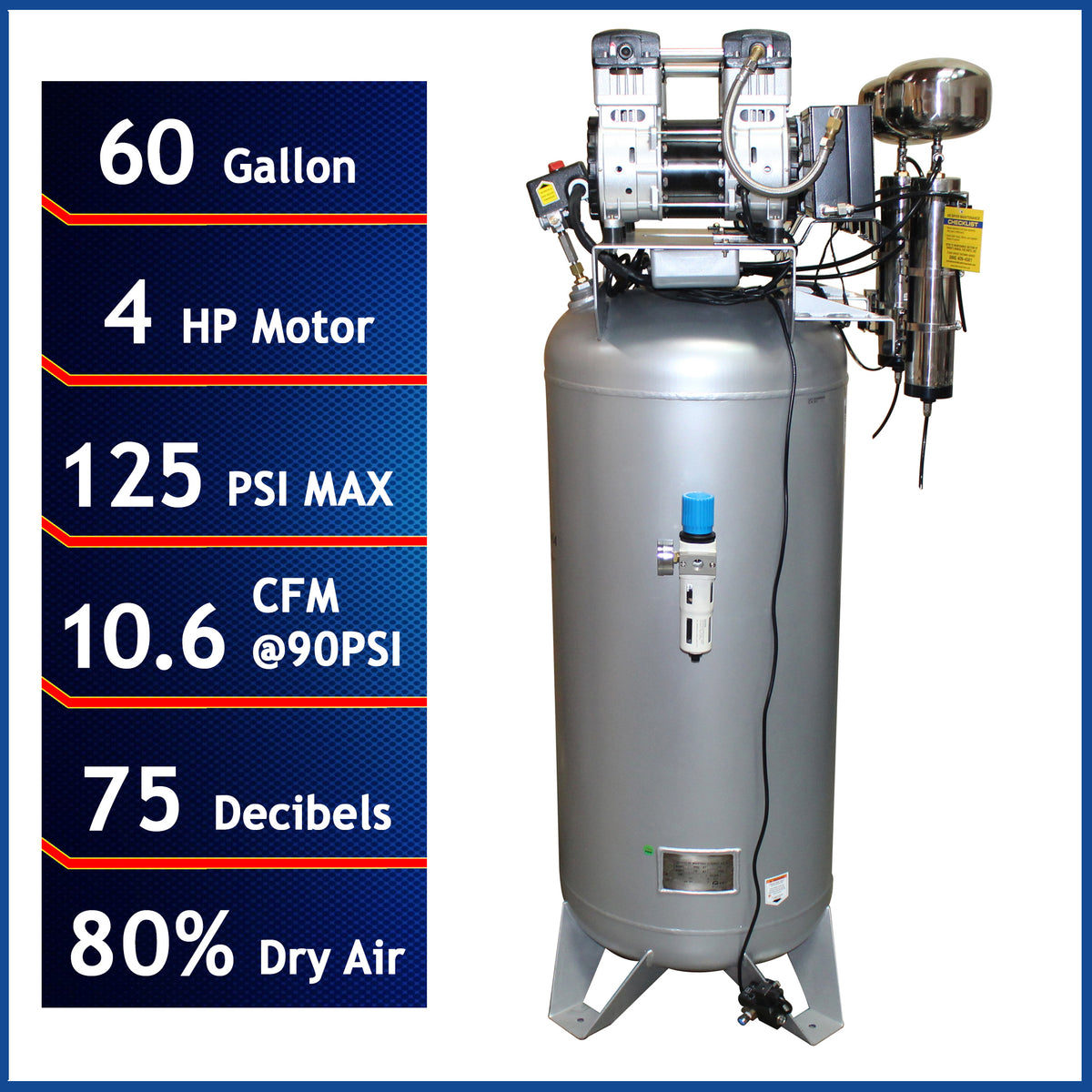 California Air Tools 60040DCAD Ultra Quiet & Oil-Free 4.0 HP 60 Gallon Air Compressor with 80% Air Drying System & Automatic Drain Valve – 220V
