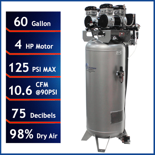 California Air Tools 60040DCADC Ultra Quiet & Oil-Free 4.0 HP 60 Gallon Air Compressor with 98% Air Drying System & Automatic Drain Valve – 220V